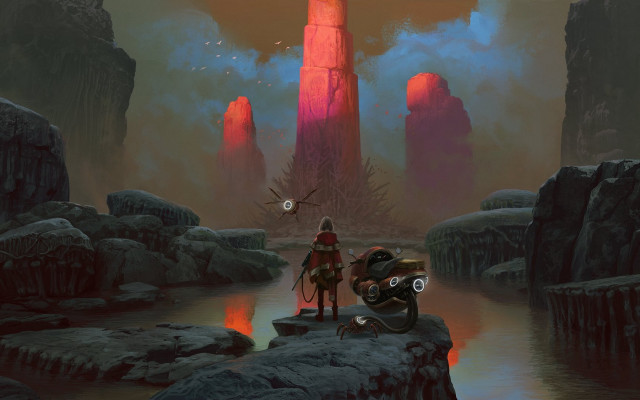 Fantasy man motorcycle tower scene free wallpaper for desktop - medium preview image