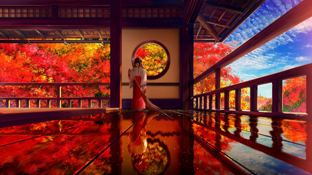 Autumn forest kimono lantern shrine free wallpaper for desktop - medium preview image