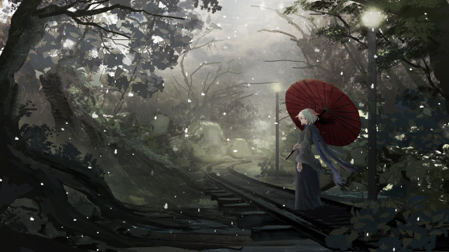 Woman forest umbrella train matte free wallpaper for desktop - medium preview image