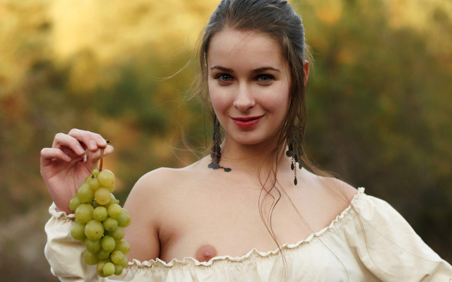 Woman white dress grapes smile free wallpaper for desktop - medium preview image