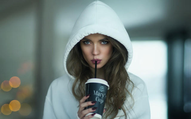 Woman white hoodie coffee bokeh free wallpaper for desktop - medium preview image
