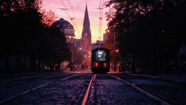 Train city sunset church tiltshift free wallpaper for desktop - medium preview image