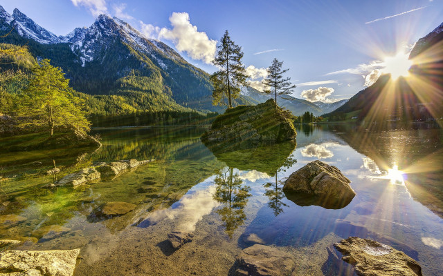 Lake mountains trees sun reflection free wallpaper for desktop - medium preview image