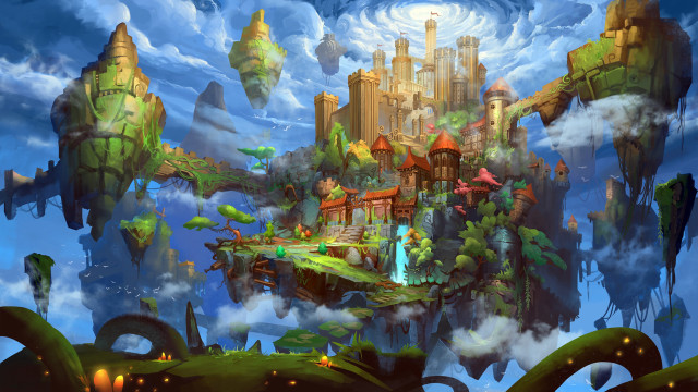 Castle floating island waterfall clouds free wallpaper for desktop - medium preview image