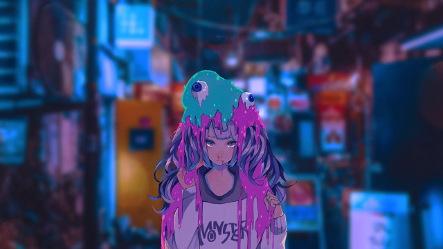 Purple hair girl city street free wallpaper for desktop - medium preview image