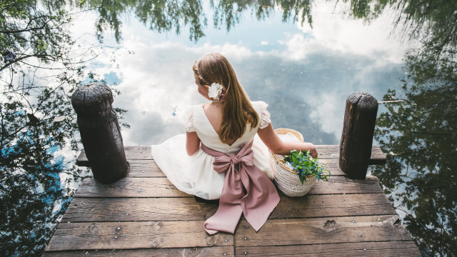 Little girl dock flowers water free wallpaper for desktop - medium preview image
