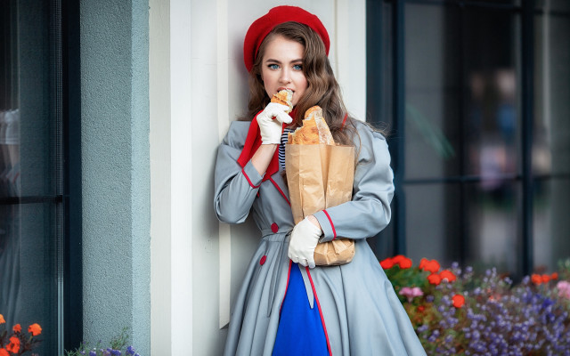 Woman longdress food bag phone free wallpaper for desktop - medium preview image