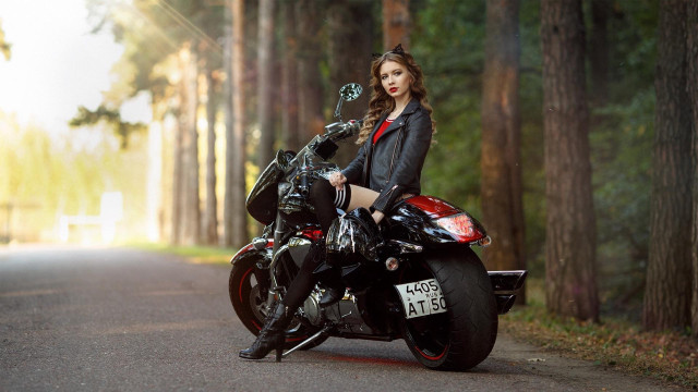 Woman motorcycle woods sunbeam portrait free wallpaper for desktop - medium preview image