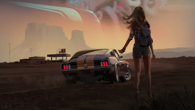 Desert retrofuturism woman car sunset free wallpaper for desktop - medium preview image