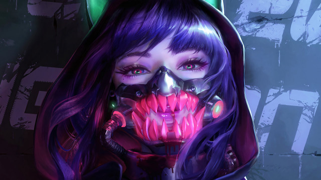 Creepy woman purple hair neon free wallpaper for desktop - medium preview image