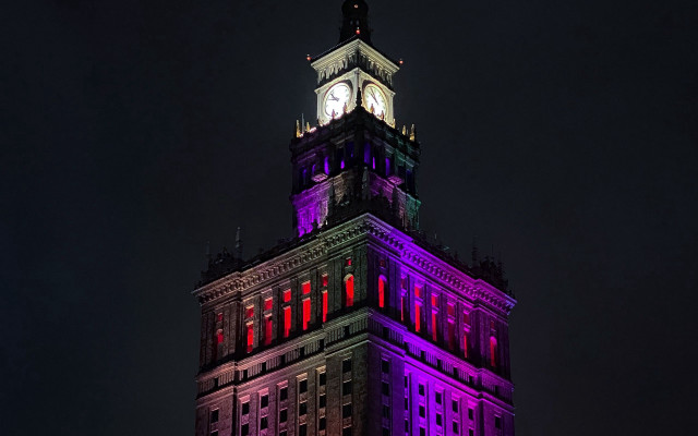 Tall building clock night purple free wallpaper for desktop - medium preview image
