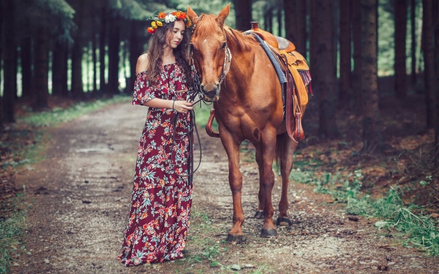 Woman floral dress horse forest free wallpaper for desktop - medium preview image