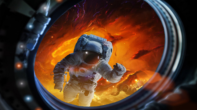 Space suit man flames lava free wallpaper for desktop - medium preview image