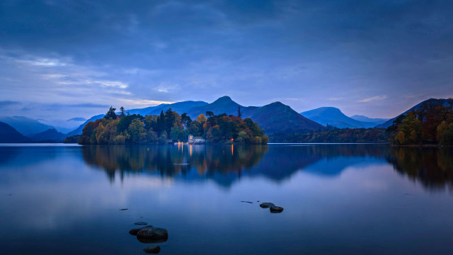 Lake island mountains night cloudy free wallpaper for desktop - medium preview image