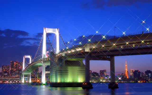 Bridge water lights city night free wallpaper for desktop - medium preview image