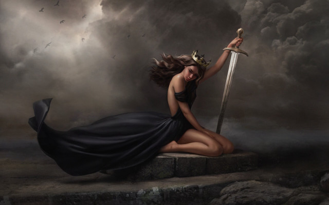 Woman black dress sword kneeling free wallpaper for desktop - medium preview image