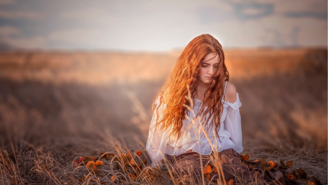 Woman red hair field autumn free wallpaper for desktop - medium preview image