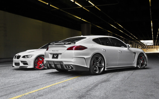 White sports cars parking garage free wallpaper for desktop - medium preview image