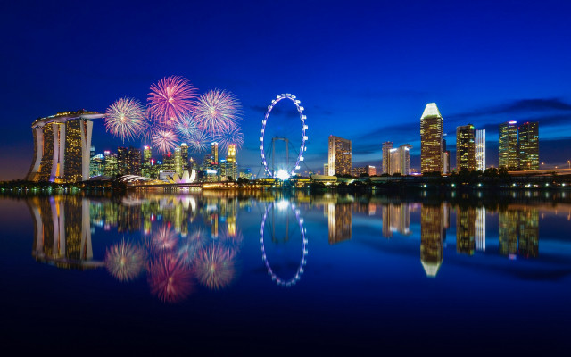 City skyline fireworks lake reflection #2 free wallpaper for desktop - medium preview image