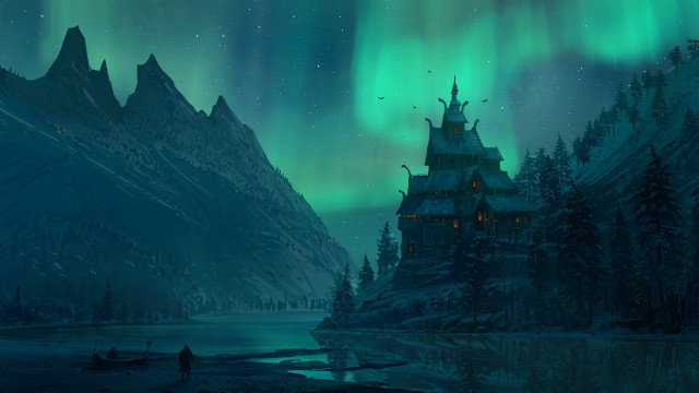 Castle forest green aurora lake free wallpaper for desktop - medium preview image
