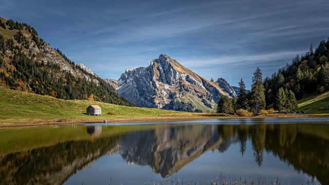 Mountain lake hut field forest free wallpaper for desktop - medium preview image