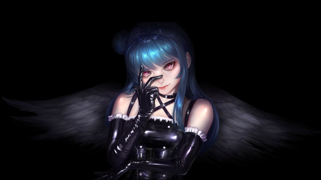 Blue hair gothic angel portrait free wallpaper for desktop - medium preview image