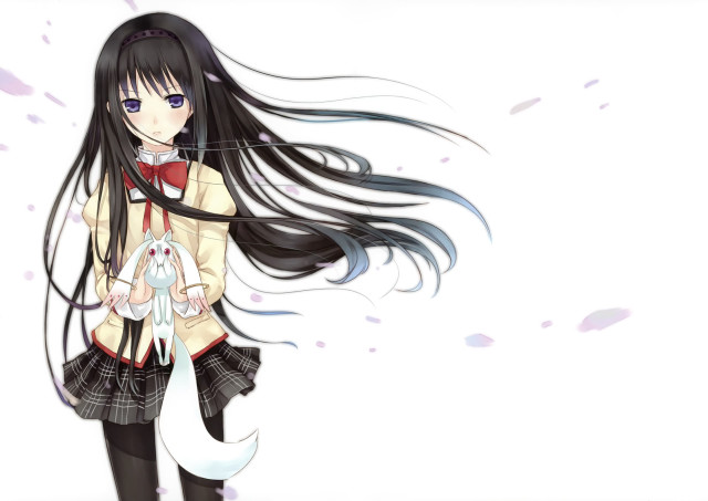 Girl black hair white cat free wallpaper for desktop - medium preview image