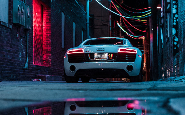 White car night city street free wallpaper for desktop - medium preview image