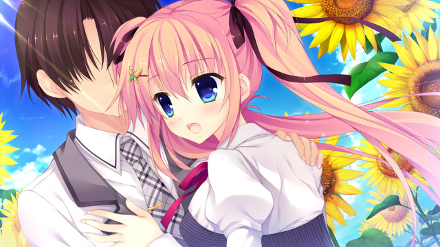 Anime couple sunflowers sky background free wallpaper for desktop - medium preview image