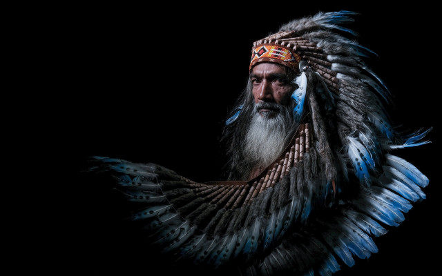 Bearded man feathered headdress photography free wallpaper for desktop - medium preview image