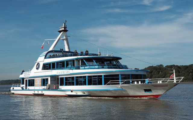 Large boat water shoreline trees #3 free wallpaper for desktop - medium preview image