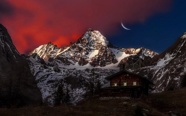 Mountain house red sky crescent free wallpaper for desktop - medium preview image