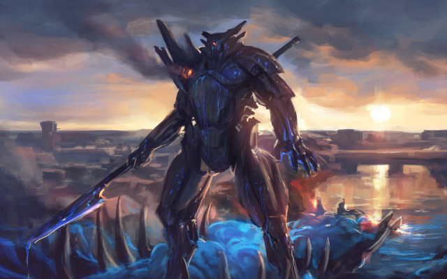 Giant robot water sword city free wallpaper for desktop - medium preview image