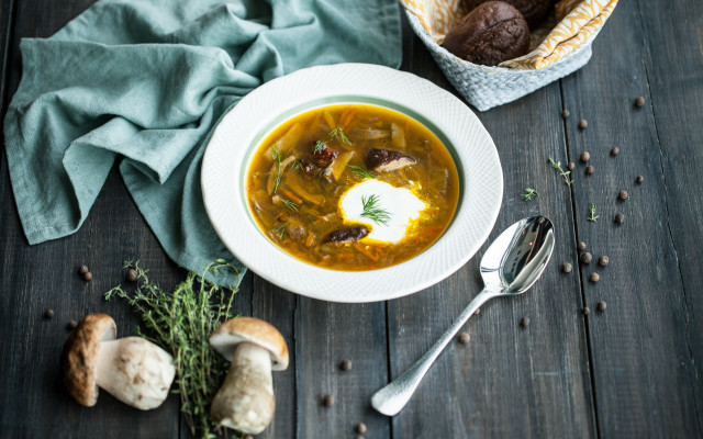 Soup bowl spoon mushrooms napkin free wallpaper for desktop - medium preview image