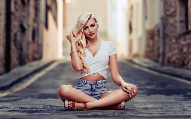 Woman sitting beach blonde denim free wallpaper for desktop - medium preview image