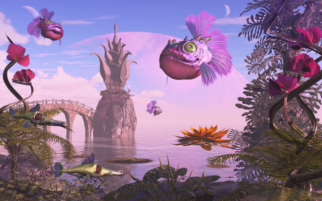 Tropical bridge flowers fish fantasy free wallpaper for desktop - medium preview image