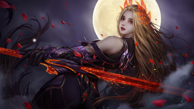 Woman sword fullmoon cherryblossoms night free wallpaper for desktop - medium preview image