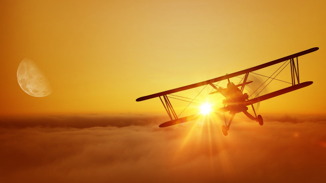 Plane sunset clouds moon horizon free wallpaper for desktop - medium preview image