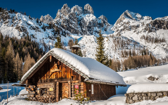 Snowy mountain cabin fantasy bridge free wallpaper for desktop - medium preview image