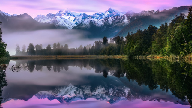 Mountain lake reflection misty sky free wallpaper for desktop - medium preview image