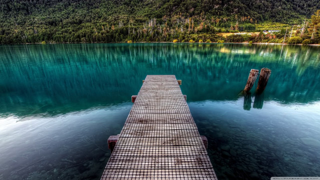 Dock mountain lake forest impressionist free wallpaper for desktop - medium preview image