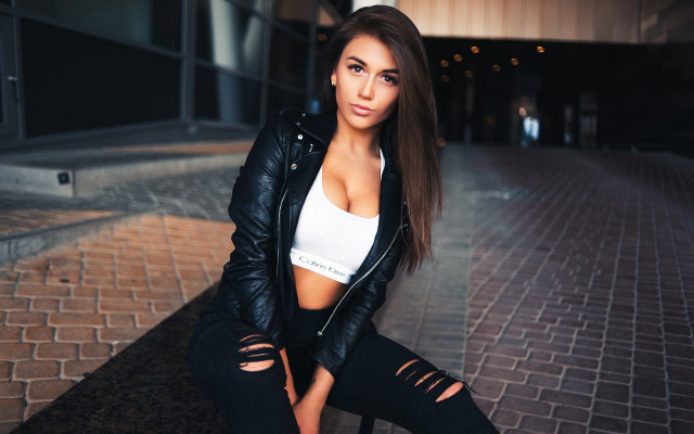 Woman black jacket polaroid rooftop free wallpaper for desktop - medium preview image