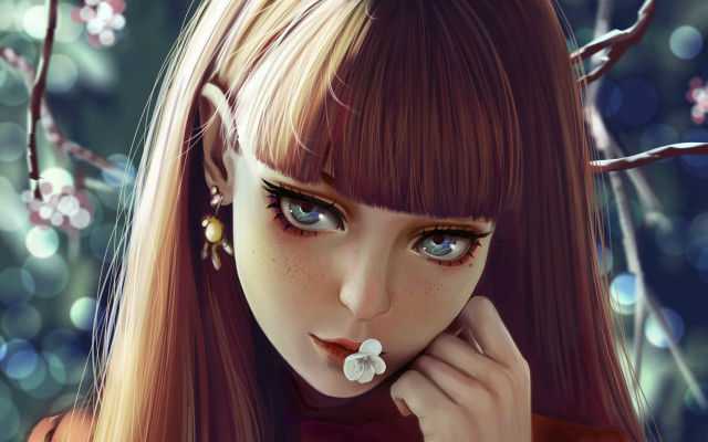 Girl long hair flower serious free wallpaper for desktop - medium preview image