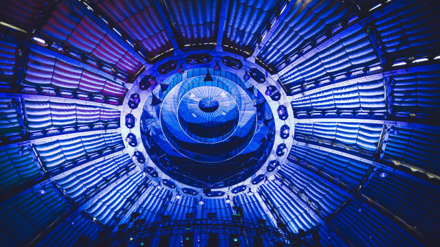 Metal blue light cage cityscape free wallpaper for desktop - medium preview image