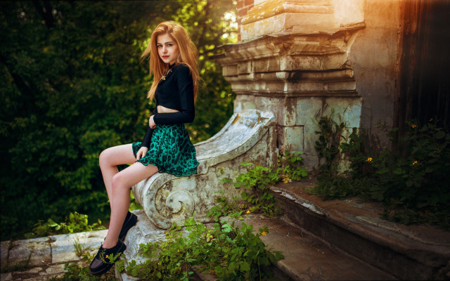 Woman sitting green skirt gothic free wallpaper for desktop - medium preview image