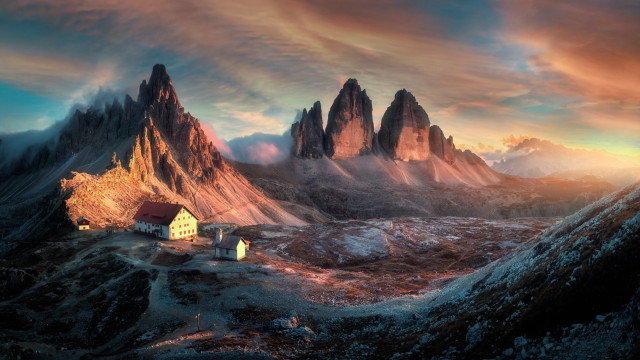 Mountain house sunset clouds matte free wallpaper for desktop - medium preview image