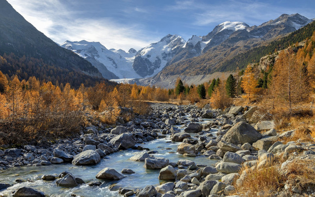 River forest mountains snow blue free wallpaper for desktop - medium preview image