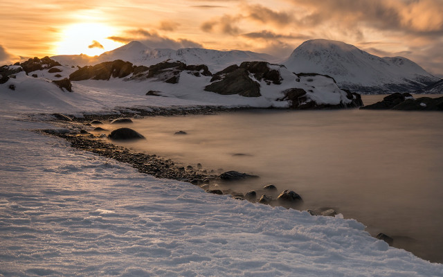 Snowy mountain water rocks dusk free wallpaper for desktop - medium preview image