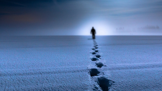 Lone walker snow field footprints free wallpaper for desktop - medium preview image