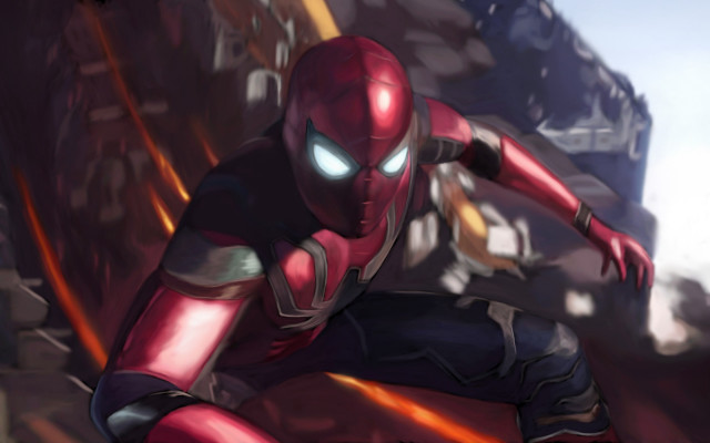 Spiderman red suit running city free wallpaper for desktop - medium preview image